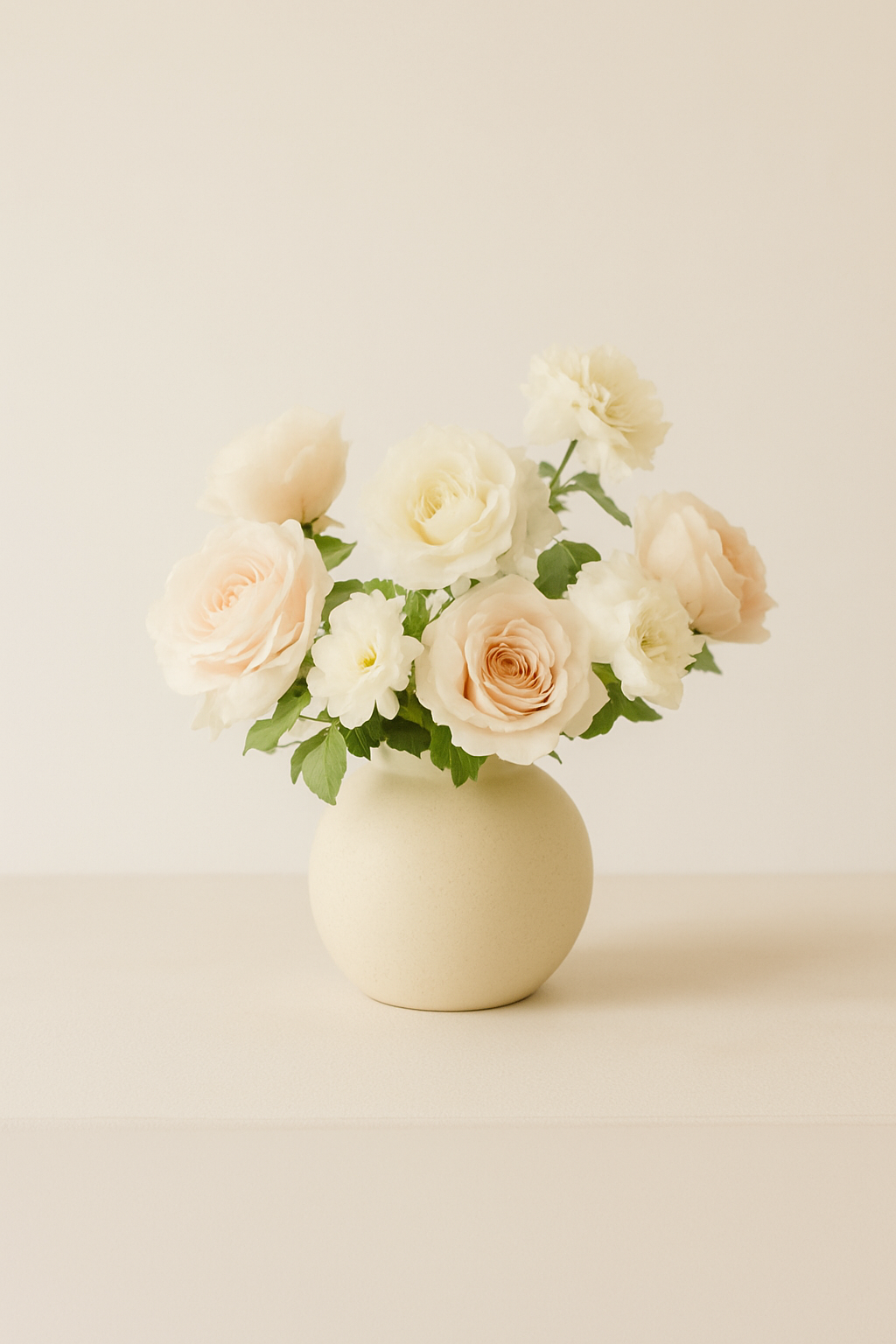 White bouquet in a minimal white vase, soft editorial backdrop
